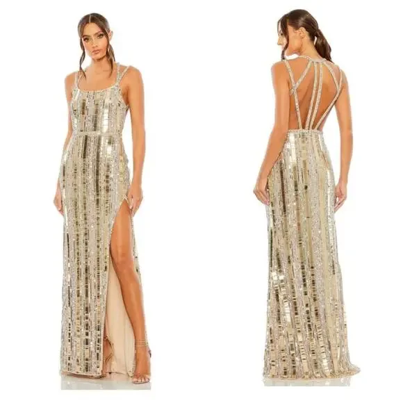 Mac Duggal Bead-Embellished Detail Halter Neck Gown Gold/ Silver Size 14 NWT - Picture 2 of 12